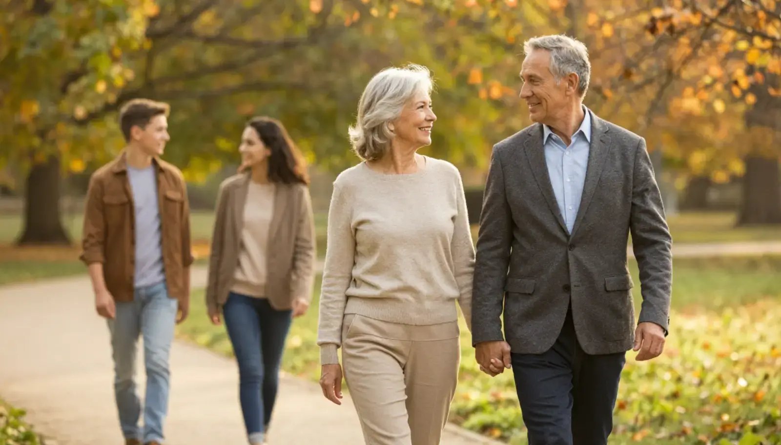 Couple de plus de 50 ans marchant main dans la main dans un parc sous le regard bienveillant de leurs proches.