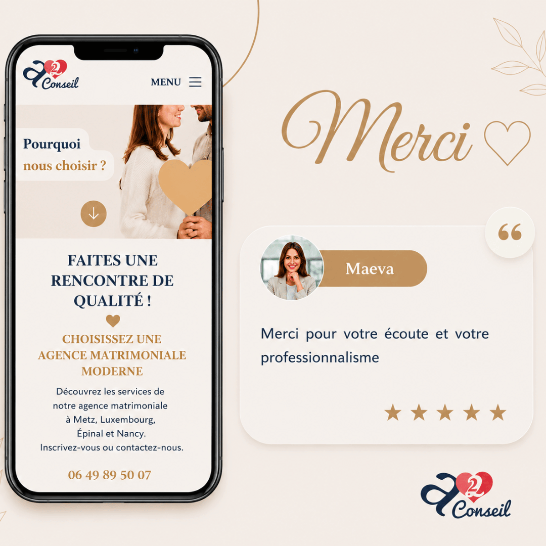 Témoignage client d’A2 Conseil, agence matrimoniale haut de gamme à Metz, avec visuel élégant présentant une rencontre sérieuse et un accompagnement personnalisé.